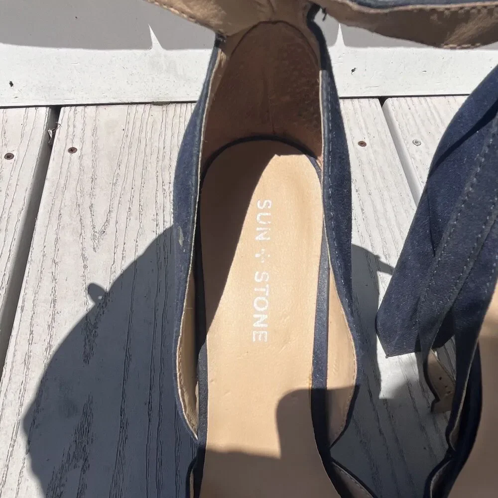 Sun + Stone Women’s Blue Suede Open Toe Strappy Ankle Strap Block Heels